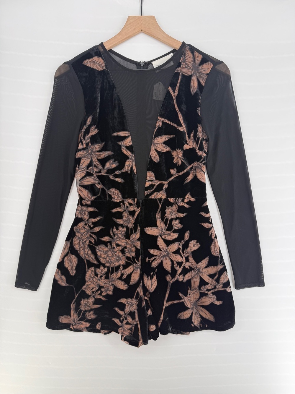 The Room M Black Floral Velvet Long Sleeve Mesh Romper